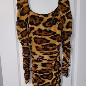 Fashion Nova Ruched Leopard Print Long sleeve dress Size- XL